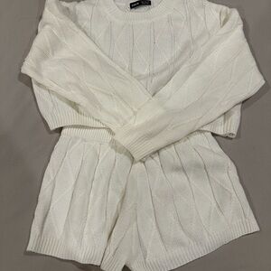 White Crew Neck Sweater set with Textured Knit
